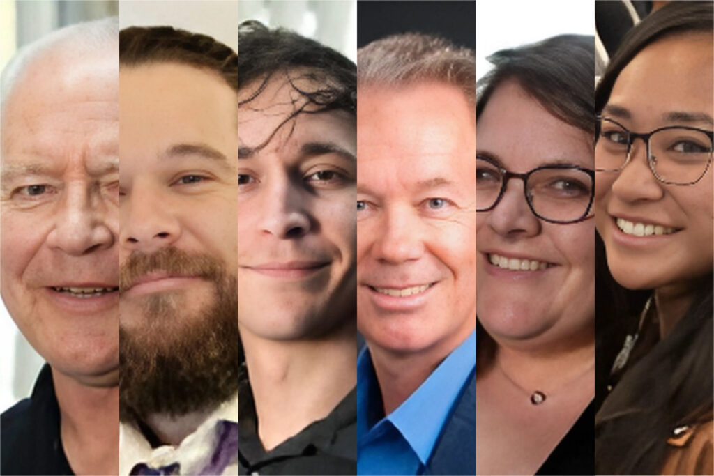 roup photo featuring six individuals aligned in vertical columns, each showcasing their individual headshots. The image represents a professional yet friendly team setup, emphasizing diversity and collaboration.