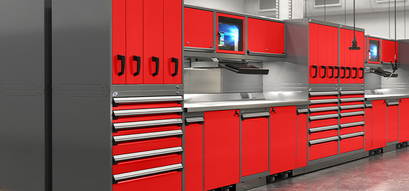 ROUSSEAU Metal industrial storage cabinets with red drawers and sleek workstations, designed for efficient workplace organization.